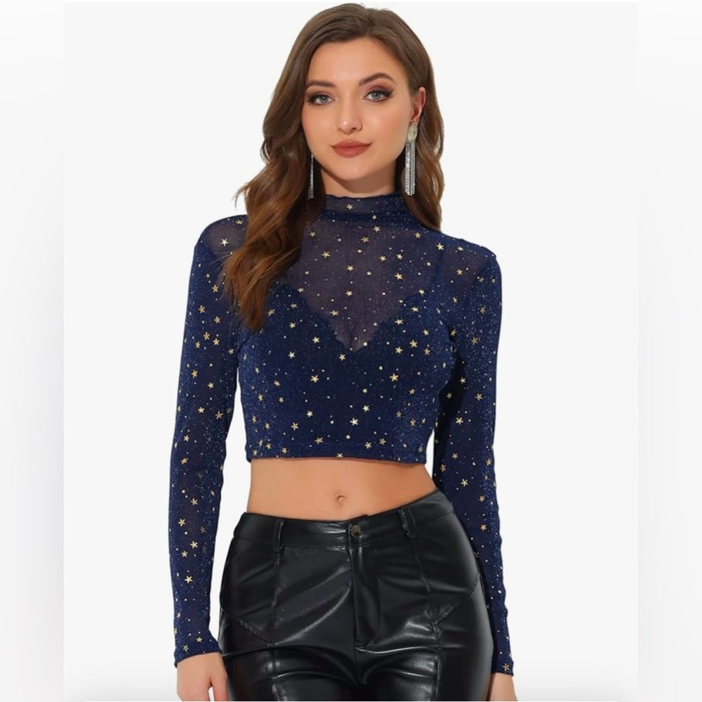 Starry Mesh Crop Top | Mock Neck | See-Through Long Sleeve